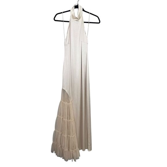 NEW Alice + Olivia Ryn Slit Tulle Panel Halter Maxi Dress Champagne Size 6 - Picture 6 of 12